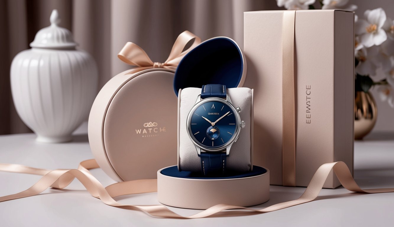 A sleek, modern watch surrounded by luxurious packaging and a ribbon, with a backdrop of elegant and sophisticated surroundings