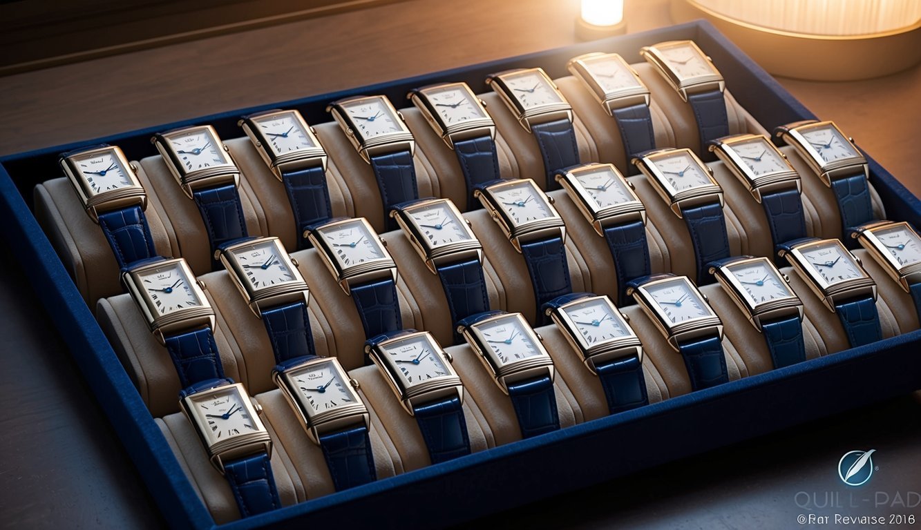 A luxurious display of 10 iconic Jaeger-LeCoultre Reverso watches arranged elegantly on a velvet-lined tray, with soft lighting casting a warm glow on the timepieces