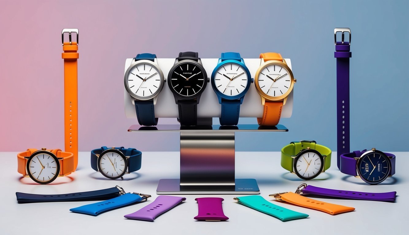 Collection of colorful watches with interchangeable bands on display