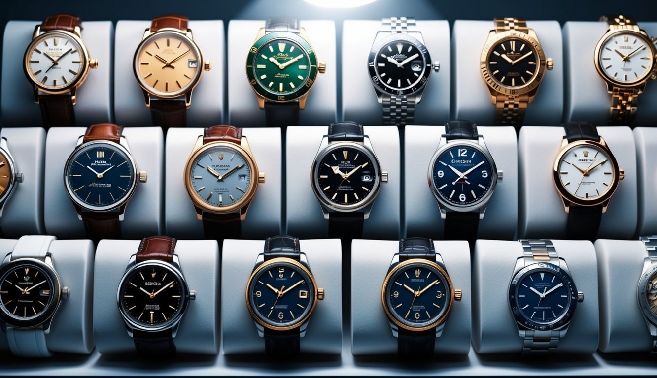 A display of 10 iconic watches arranged in a grid, each one distinct in design and style, with a spotlight shining on them to highlight their individual features