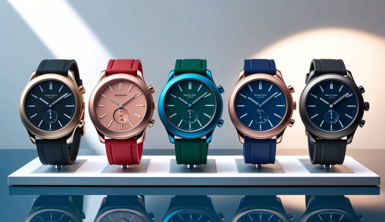 A group of colorful, modern watches displayed on a sleek, minimalist backdrop, with soft lighting highlighting their design details
