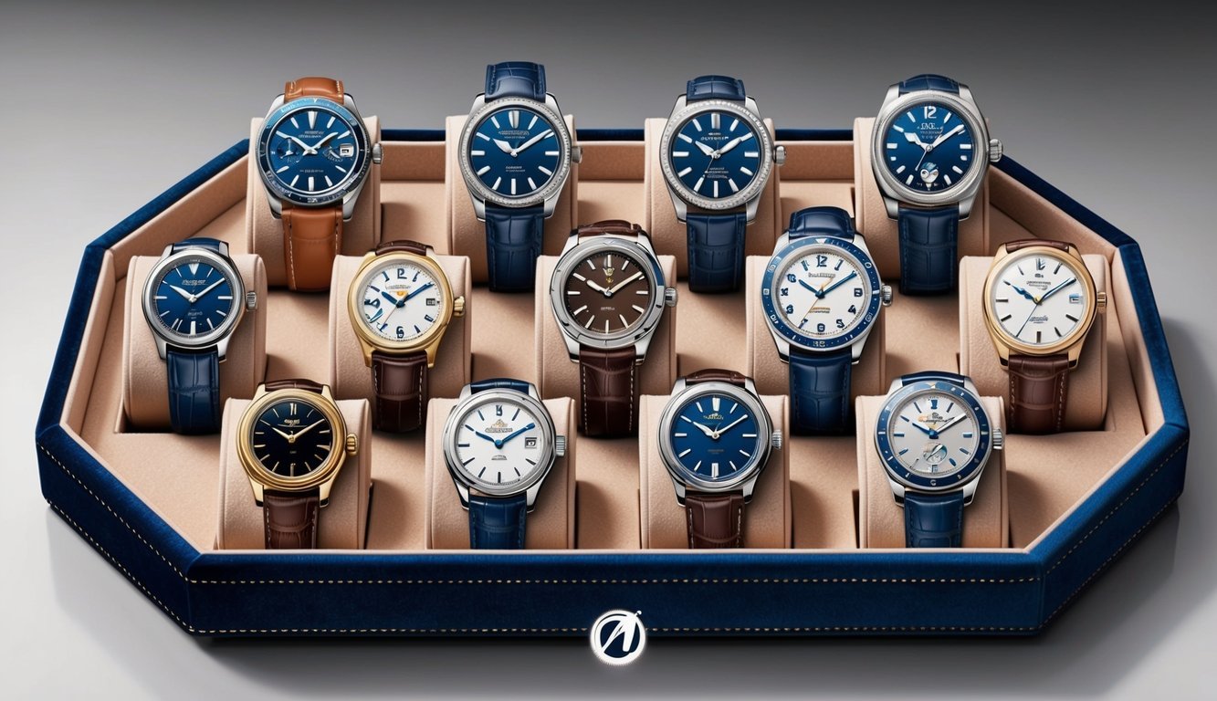 A collection of 10 iconic watches displayed on a luxurious velvet-lined tray, each watch meticulously crafted with intricate details and unique designs