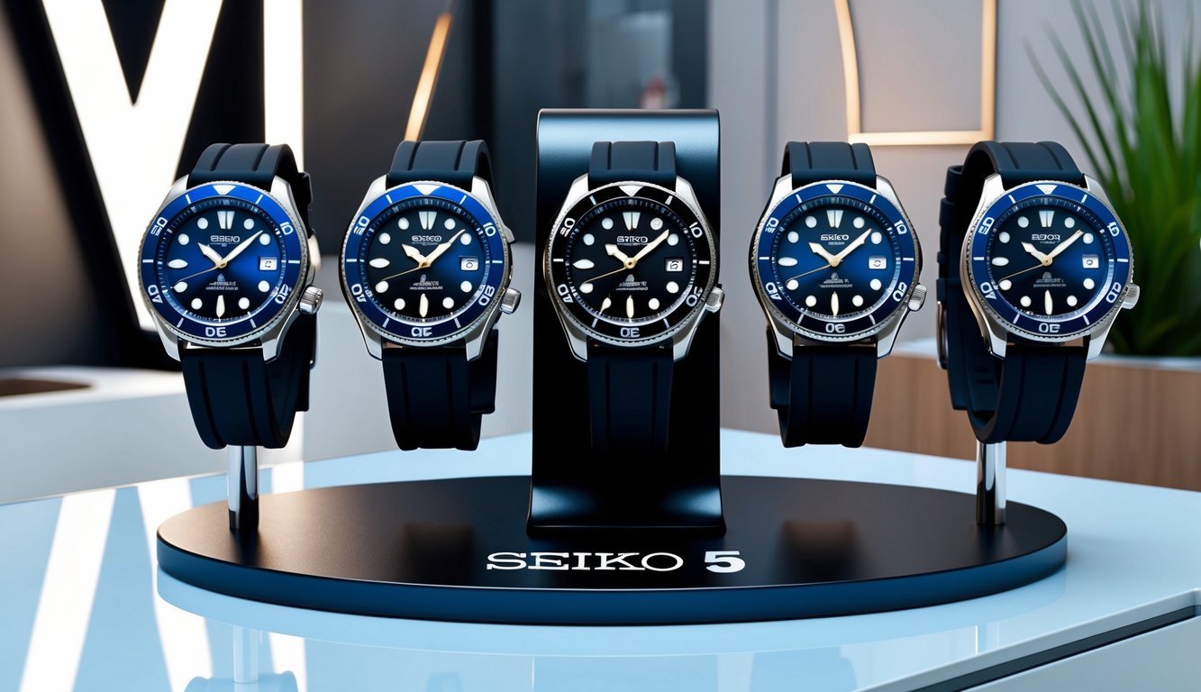 A group of stylish Seiko 5 SNK809 watches arranged on a sleek display stand, with a modern and trendy background setting