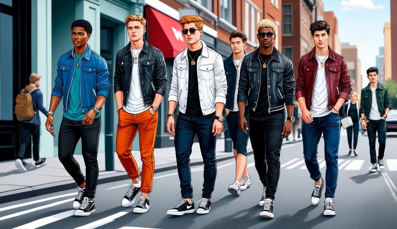 A group of trendy, young individuals wearing MVMT Blacktop watches, walking down a city street, exuding confidence and style