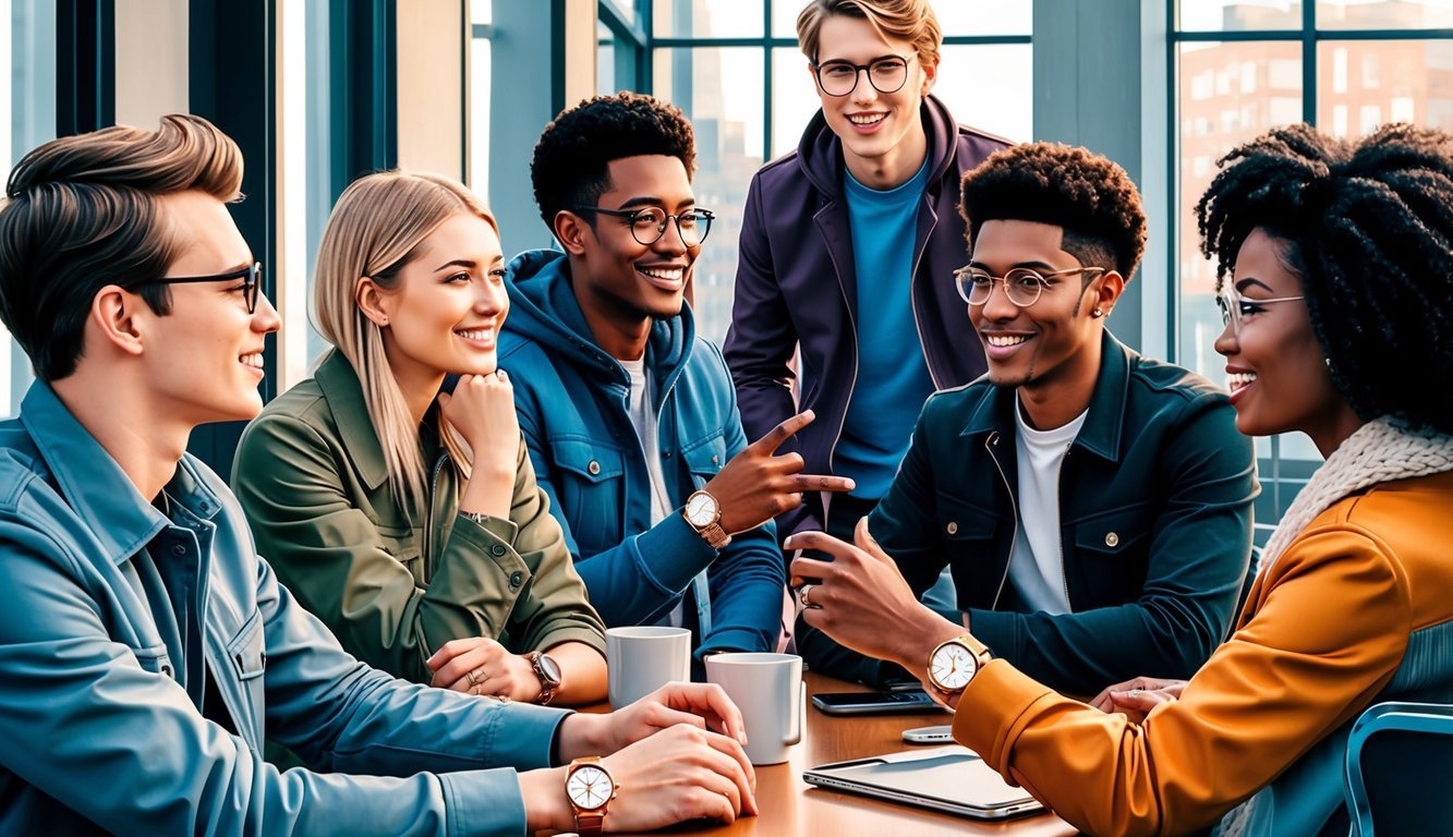 A group of trendy, young individuals wearing Skagen Ancher watches, socializing in a modern, urban setting