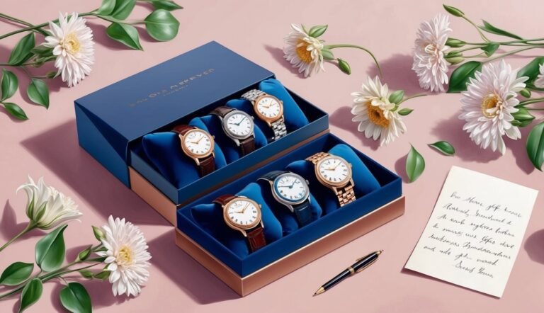 Six luxury watches in blue boxes with flowers and a note