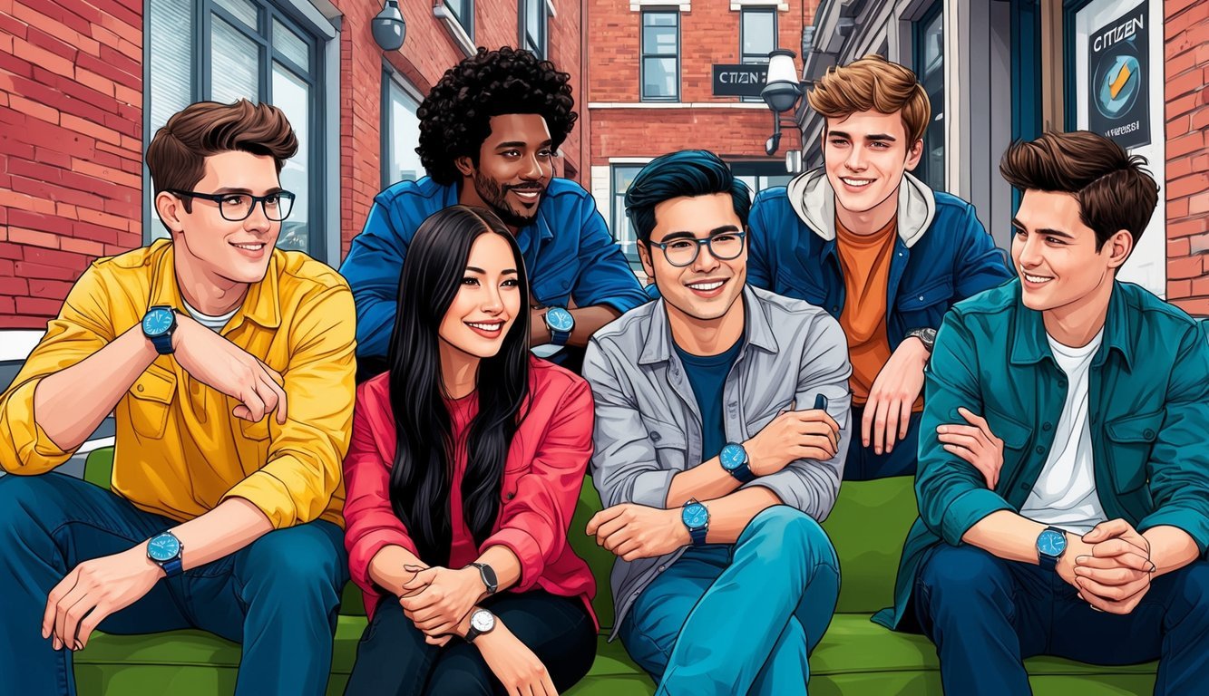 A group of young people wearing Citizen Eco-Drive Chandler watches while hanging out in a trendy urban setting