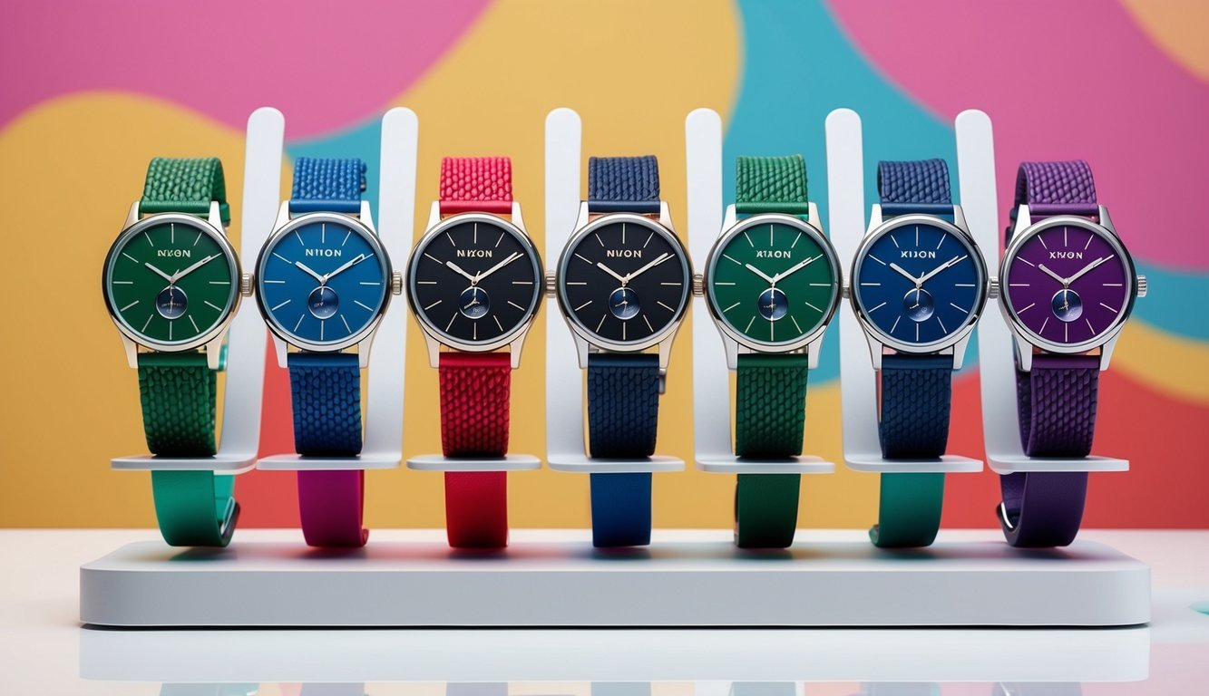 A group of stylish Nixon Time Teller watches arranged on a modern, minimalist display stand, set against a vibrant, youthful background