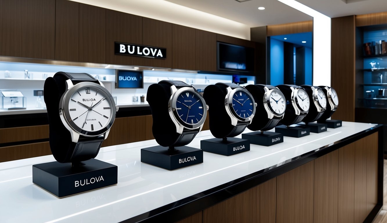 A group of stylish, affordable Bulova watches displayed on a sleek, modern countertop in a well-lit store