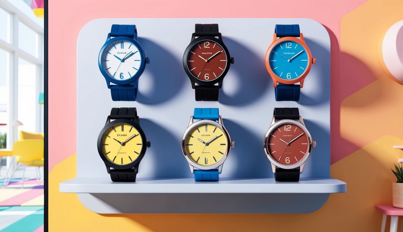 A group of trendy, affordable watches displayed on a modern, minimalist shelf in a bright, youthful setting