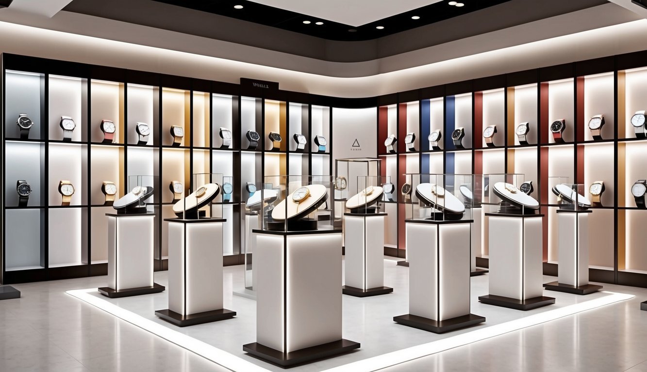 A display of trendy, affordable watches in a well-lit boutique setting, with various styles and colors showcased on sleek, minimalist display stands