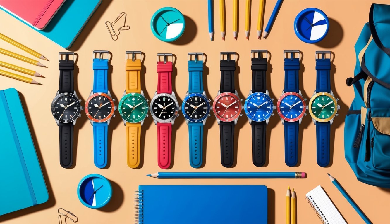 A colorful array of 8 watches arranged on a desk, surrounded by school supplies like notebooks, pencils, and a backpack