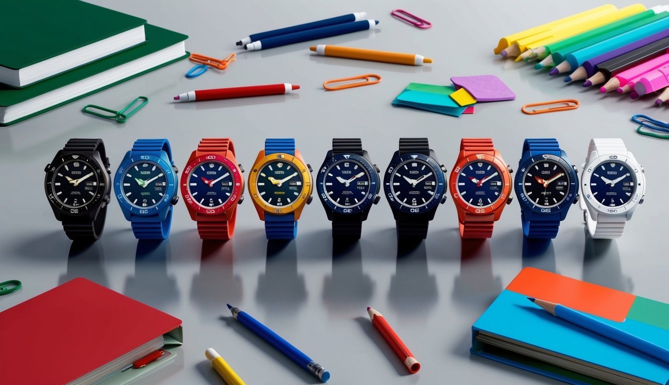 A colorful array of Seiko 5 Sports SRPE63 watches displayed on a clean, modern surface with school supplies scattered around