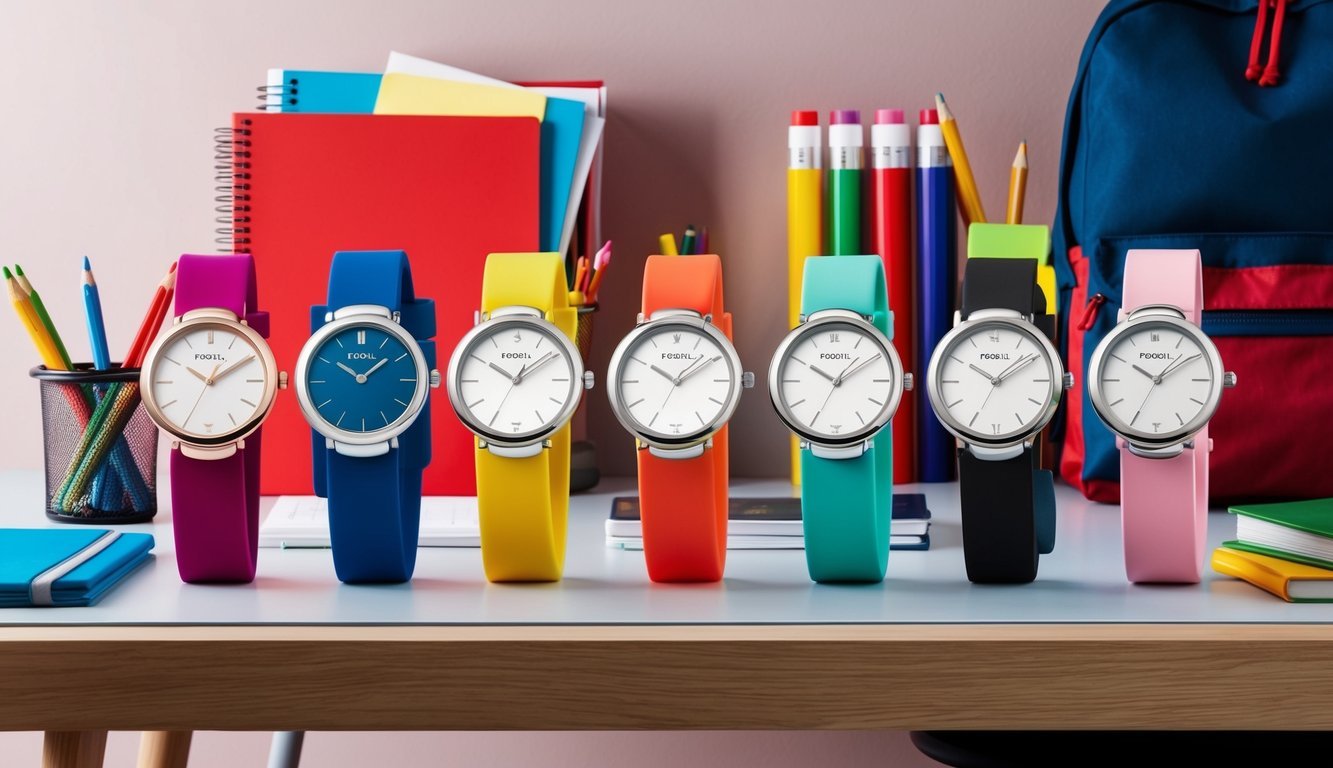 A colorful array of Fossil Jacqueline 8 watches arranged on a stylish desk with school supplies and a backpack in the background