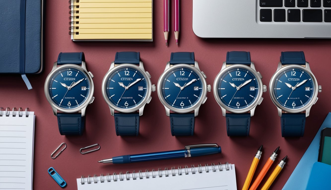 A group of Citizen Eco-Drive Chandler 8 watches arranged on a stylish desk with back-to-school essentials like notebooks, pens, and a laptop