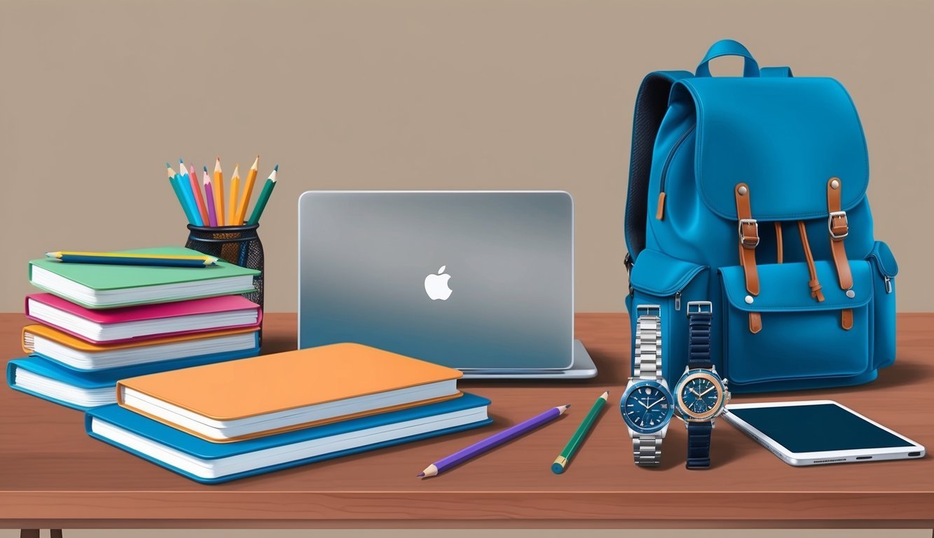 A desk with colorful notebooks, pencils, and a laptop.</p><p>A backpack and a stack of stylish watches on the side
