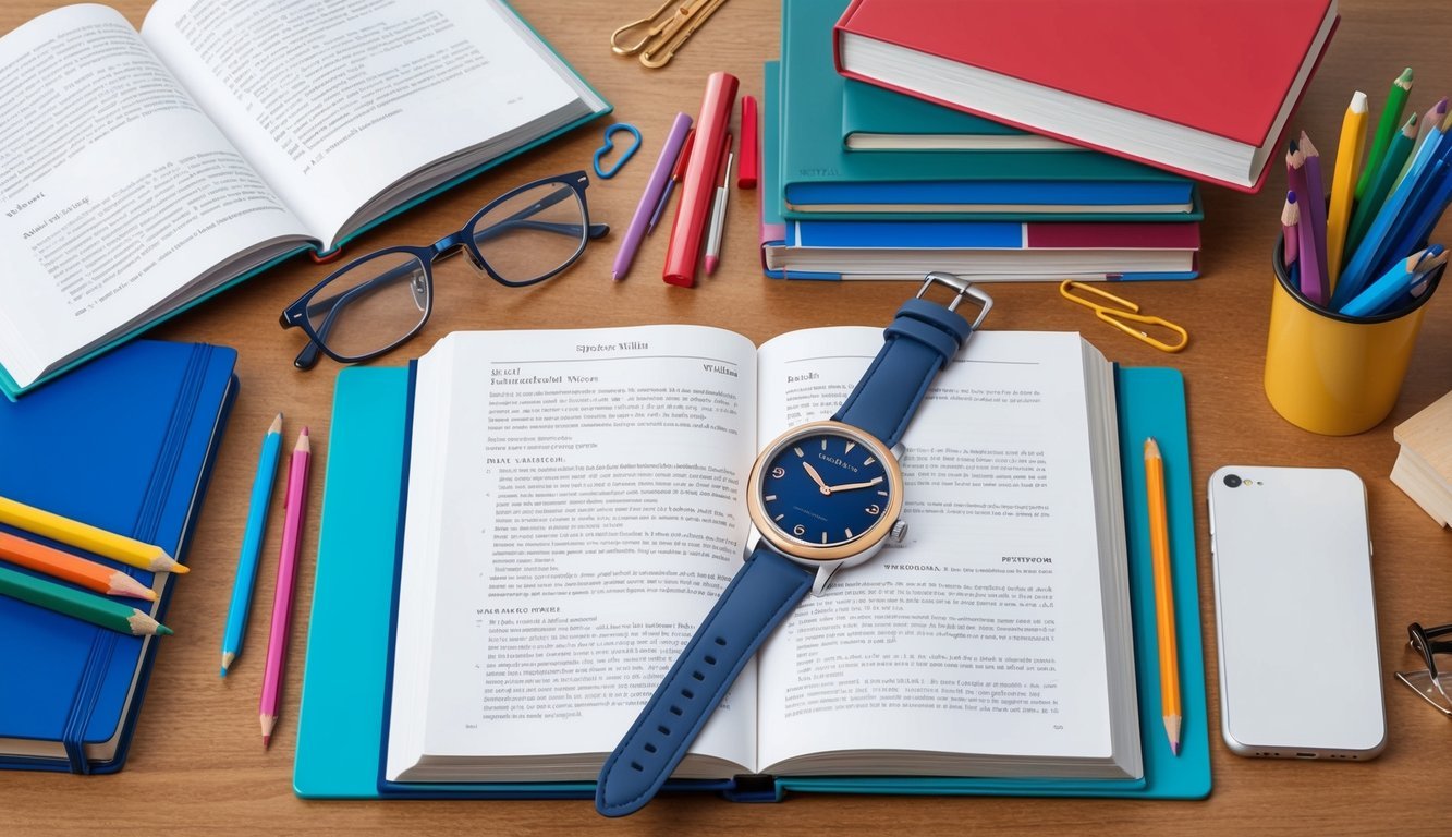 A desk with open textbooks, a laptop, and a stylish Daniel Wellington Petite Sheffield 8 watch displayed, surrounded by school supplies