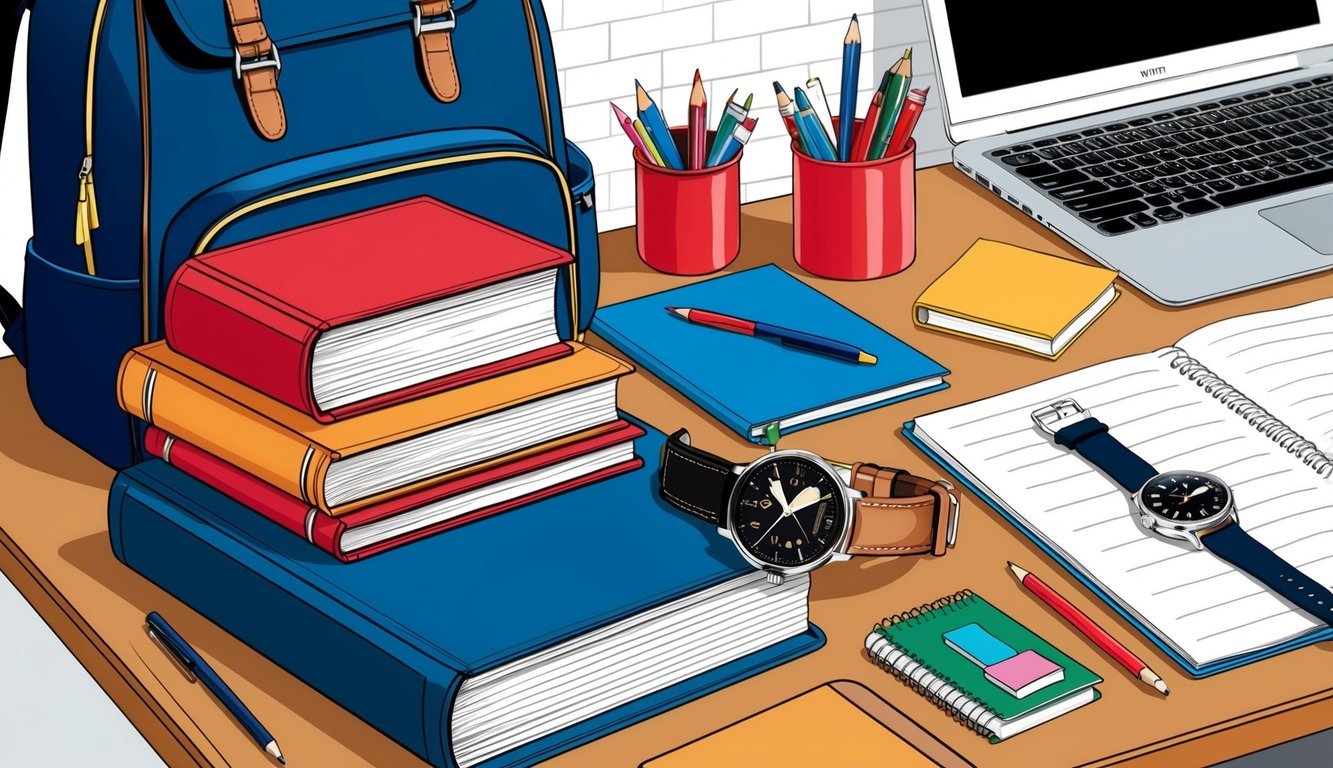 A stylish backpack with a stack of books and a sleek MVMT Voyager 8 watch on a desk with a laptop and school supplies