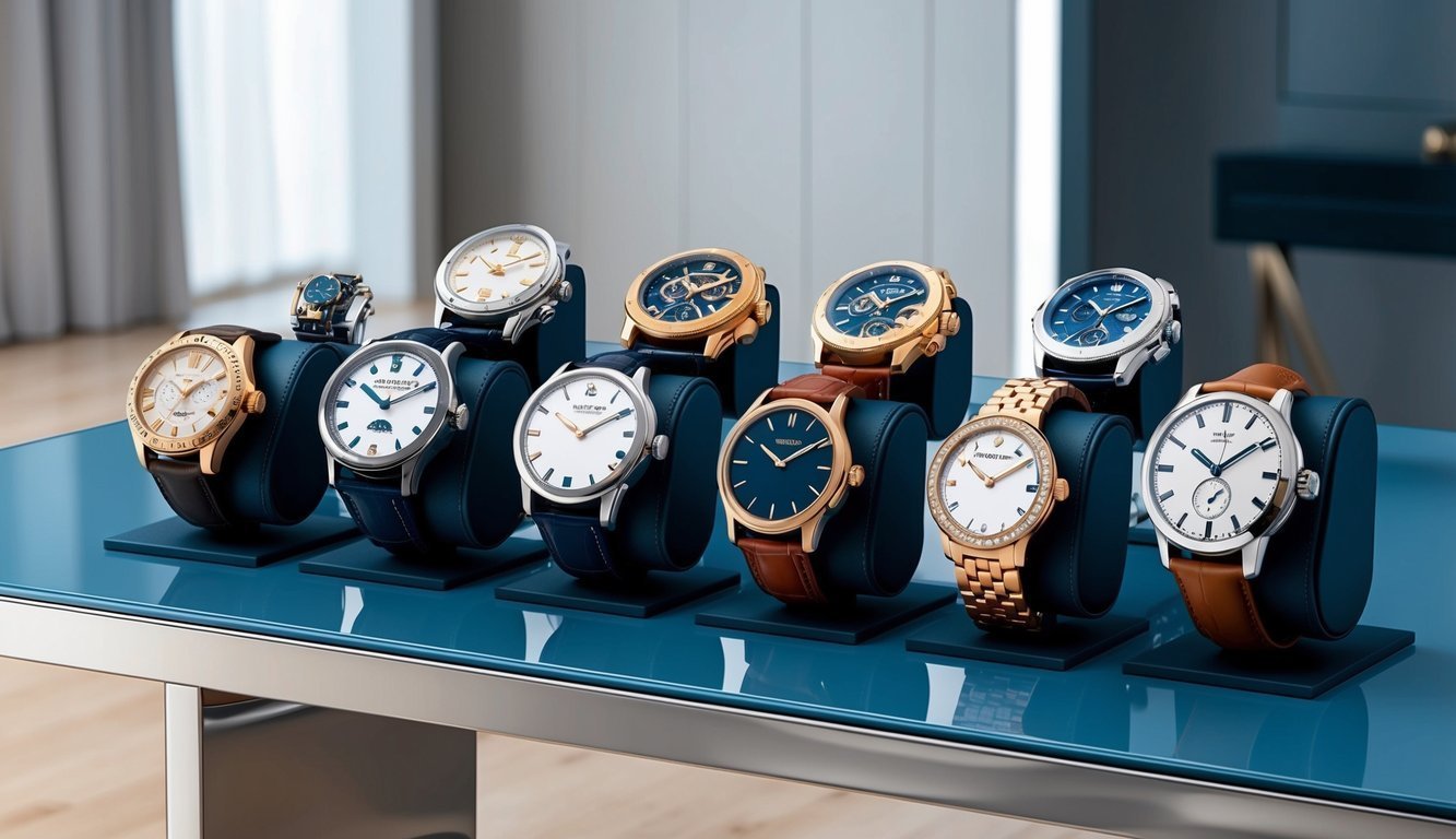Nine luxury watches displayed on a blue table, various styles and colors