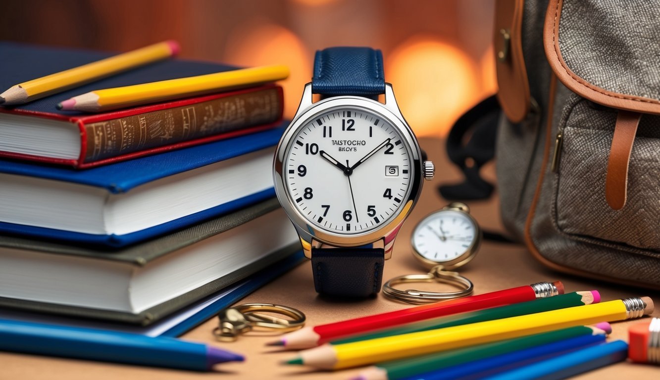 A watch surrounded by school supplies like books, pencils, and a backpack, with a warm and cozy background