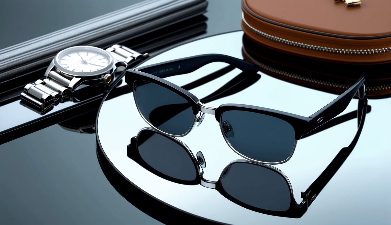 Sunglasses, watch, and leather bag on a reflective surface