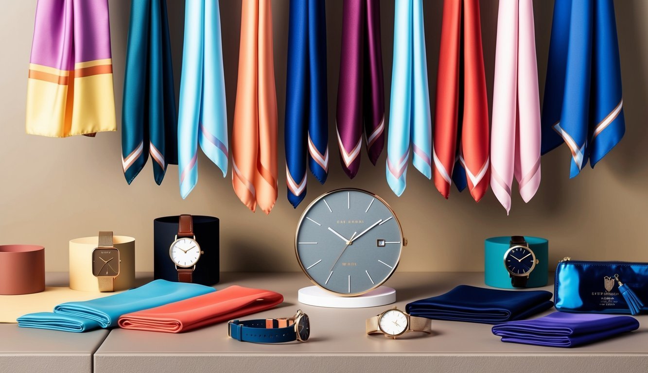 A display of colorful scarves paired with trendy watches and other accessories arranged on a stylish surface