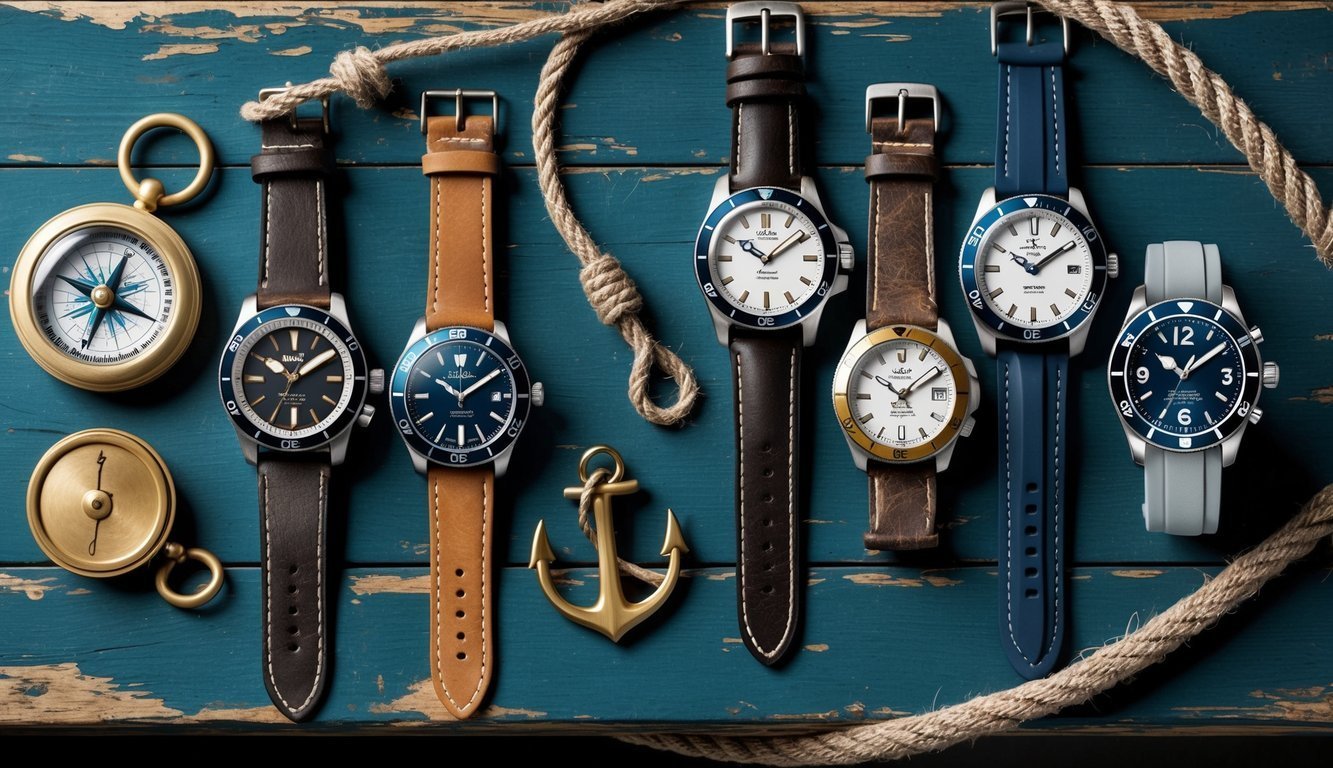 Six watches with nautical accessories on a blue wooden background