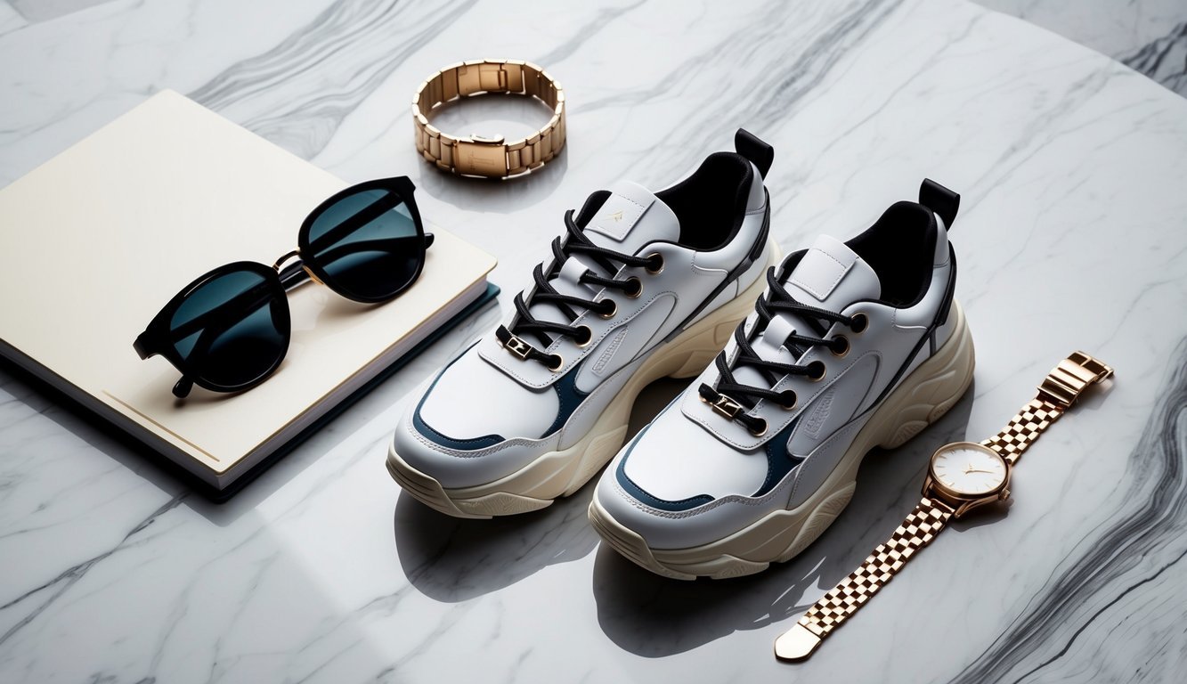 A pair of chunky sneakers placed next to a stylish watch, bracelet, and sunglasses on a marble tabletop