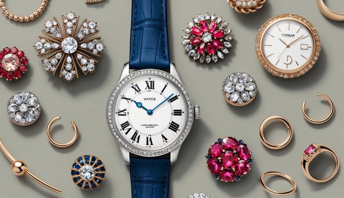 A collection of vintage brooches arranged next to a stylish watch, surrounded by other trendy accessories like bracelets and rings