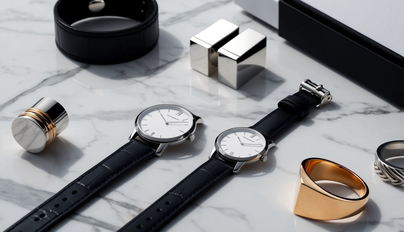 A sleek watch and minimalist cufflinks laid out on a marble surface, surrounded by other trendy accessories like a leather bracelet and statement ring