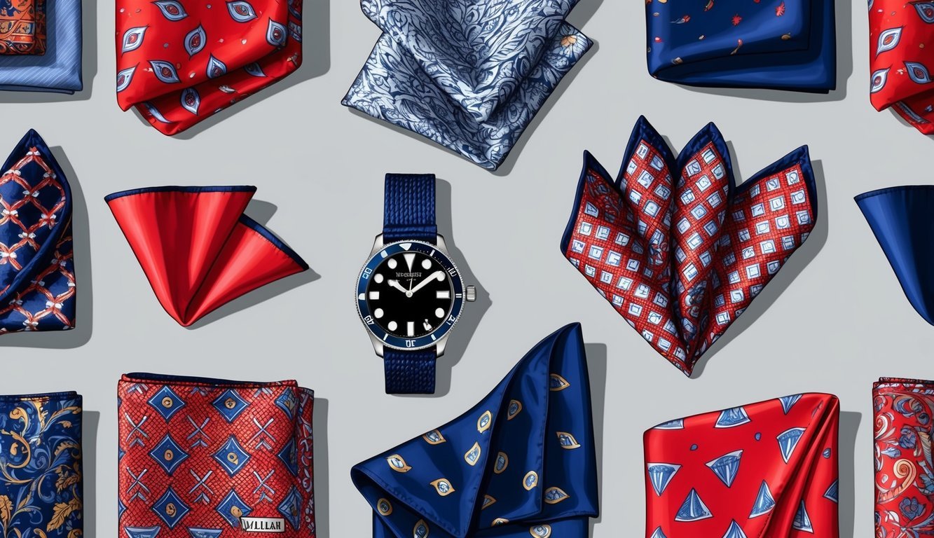 A stylish display of patterned pocket squares and trendy accessories paired with a watch