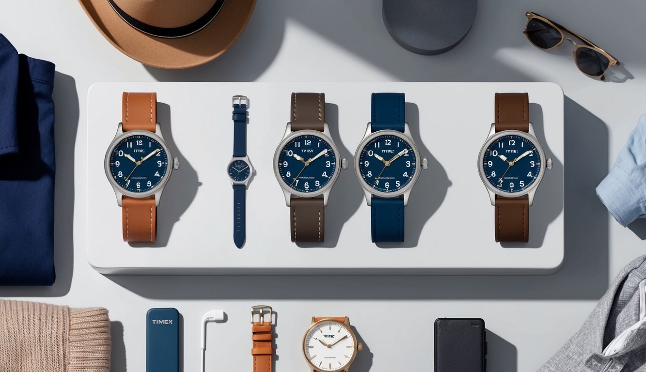 A collection of Timex Weekender watches displayed on a clean, modern surface with various accessories and clothing items scattered around for styling options