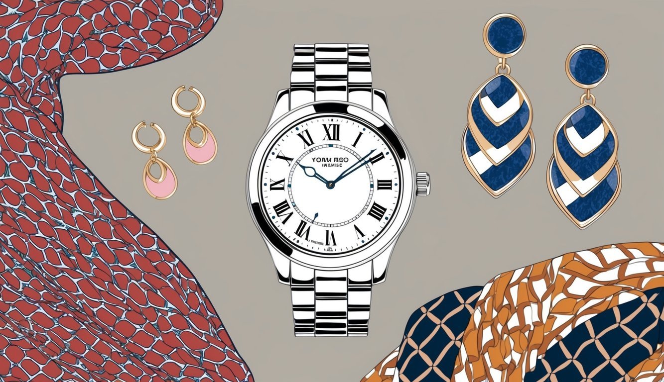 A stylish watch surrounded by statement earrings, stacked bracelets, and a patterned scarf