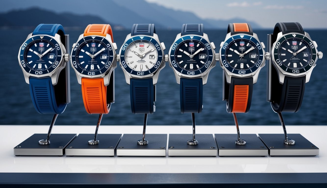 A collection of Tag Heuer Aquaracer watches arranged on a sleek, modern display stand, with a nautical theme and stylish design