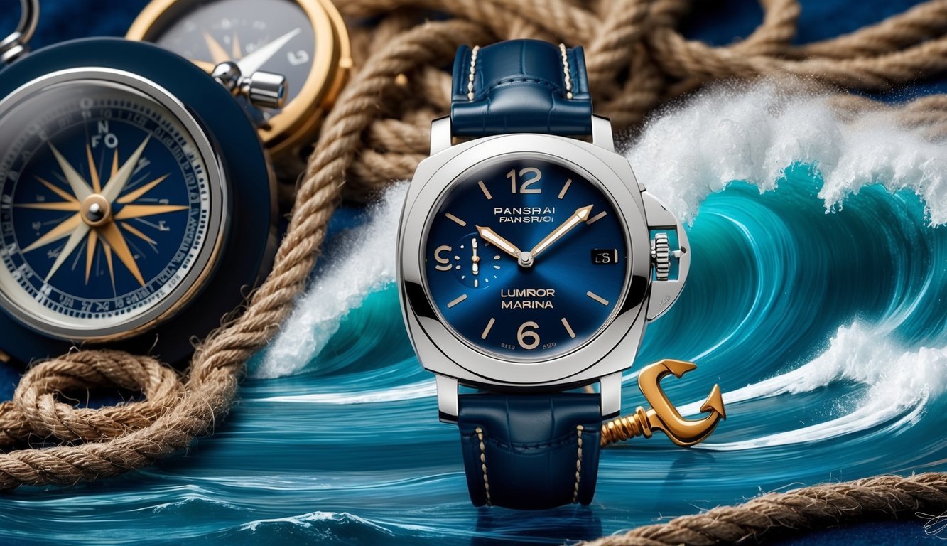 A sleek Panerai Luminor Marina watch set against a backdrop of nautical elements, such as a compass, anchor, and rope, with waves crashing in the background