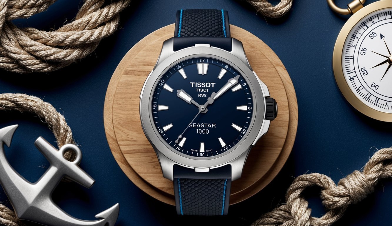 A sleek Tissot Seastar 1000 watch surrounded by nautical elements like ropes, anchors, and a compass, evoking a sense of adventure and maritime style