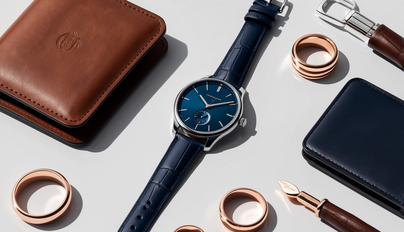 A sleek modern watch surrounded by stylish bracelets, rings, and a leather wallet on a clean, minimalist surface