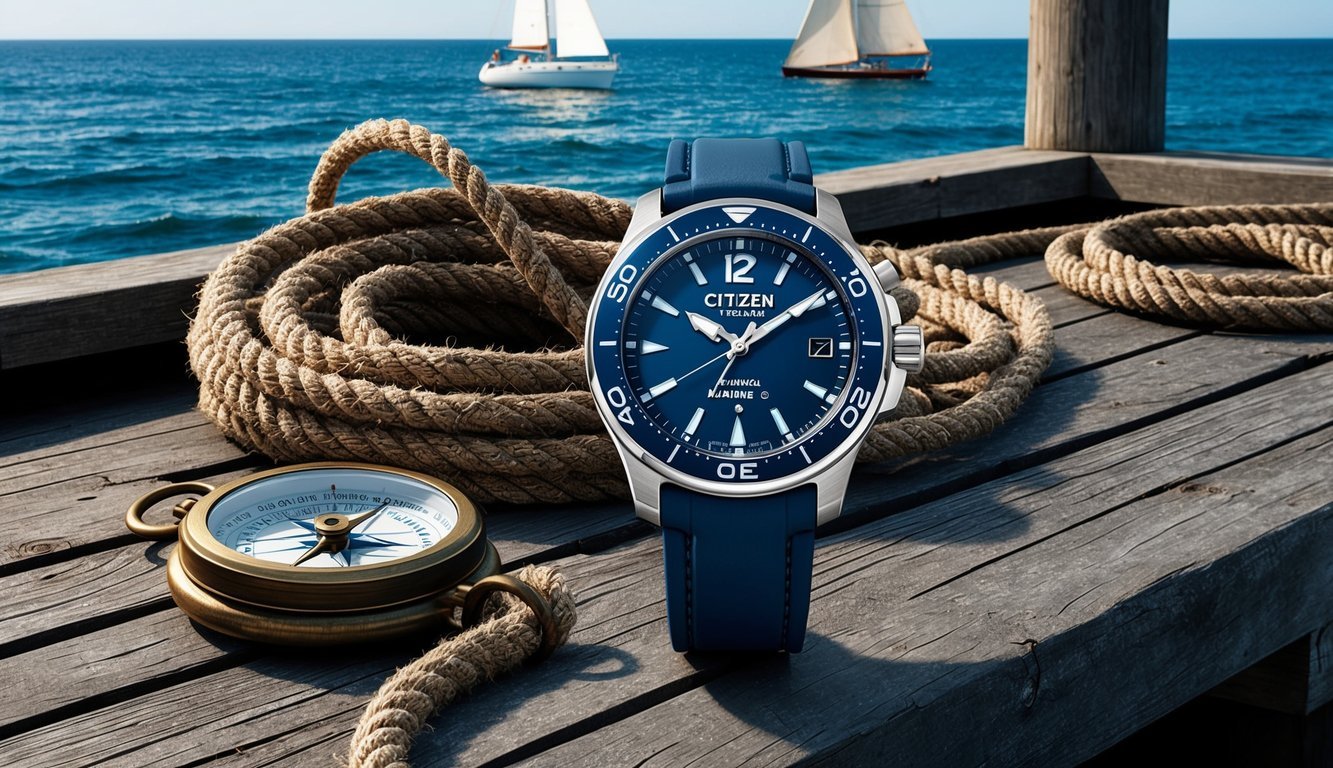 A sleek Citizen Promaster Marine 10 Nautical watch sits on a weathered wooden dock, surrounded by coiled ropes and a vintage compass.</p><p>The ocean stretches out in the background, with a sailboat on the horizon