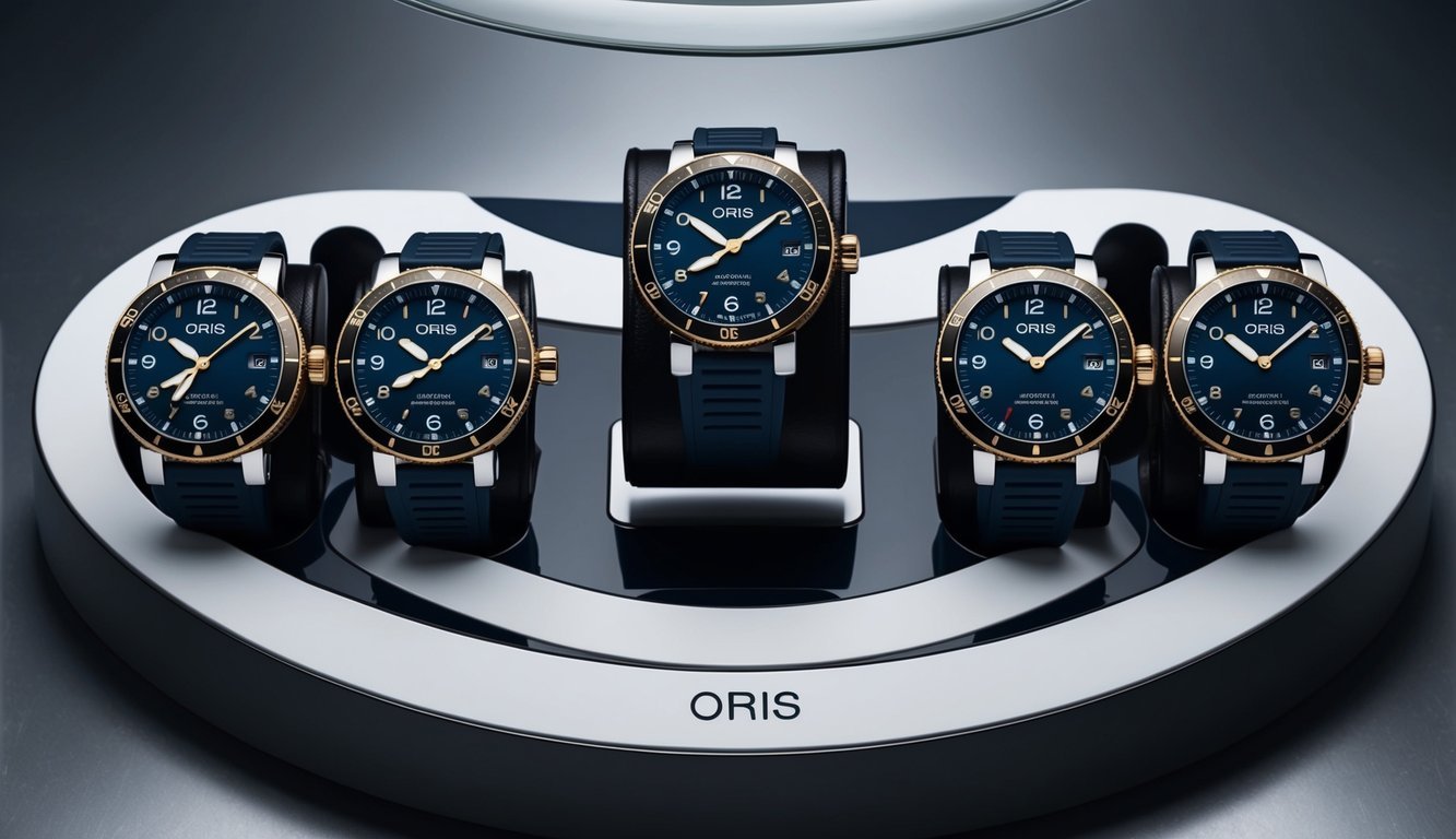 A group of Oris Aquis Date watches arranged on a sleek, modern display, with a nautical theme and stylish design