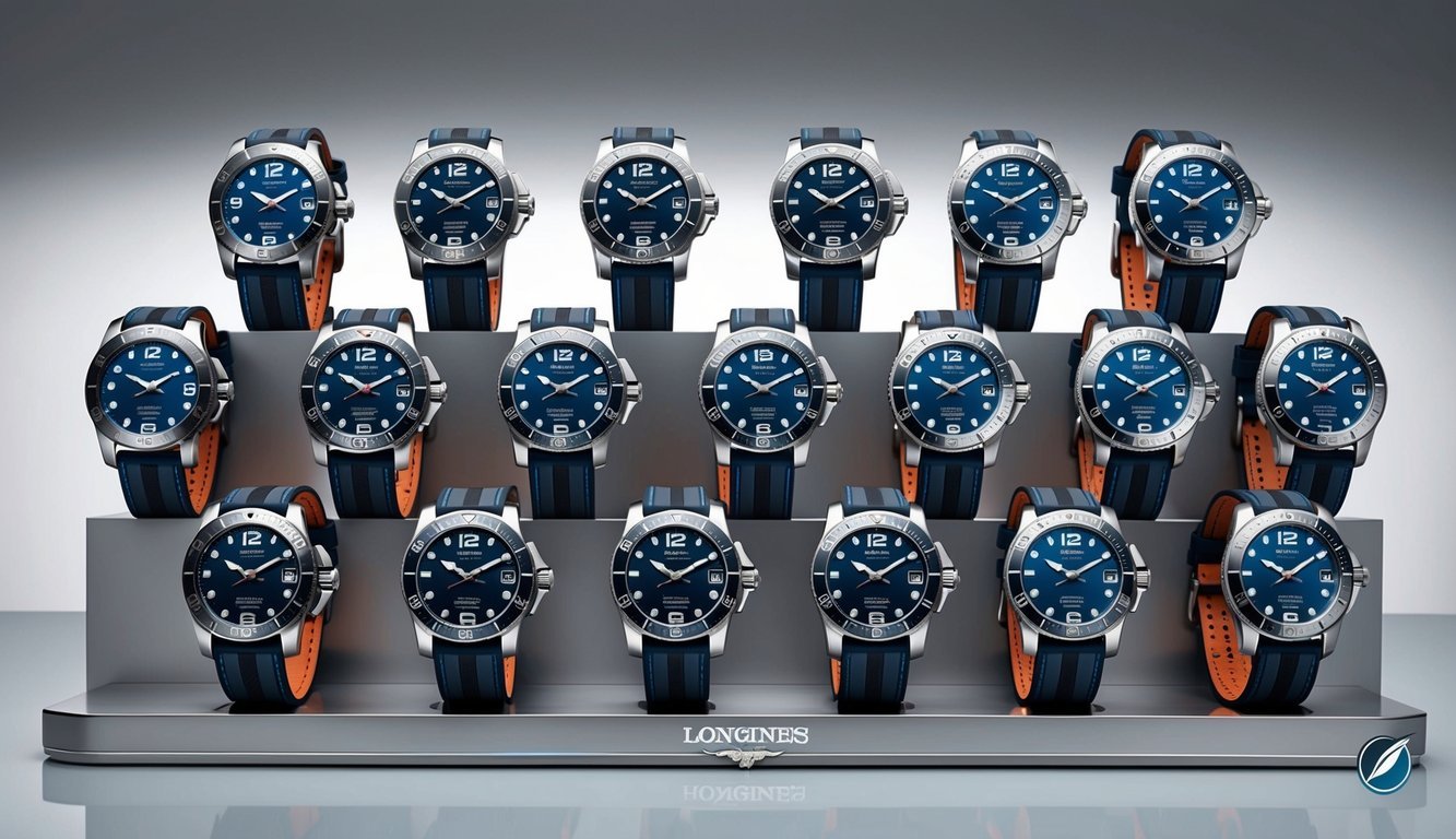 A group of 10 Longines HydroConquest watches arranged on a sleek, modern display, with a nautical theme and a blend of style and functionality