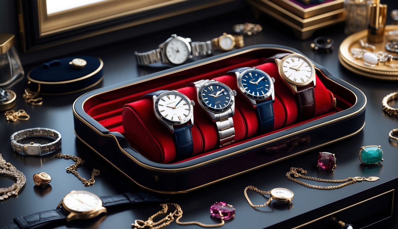 A cluttered desk with various stylish watches displayed on a velvet tray, surrounded by scattered jewelry and accessories
