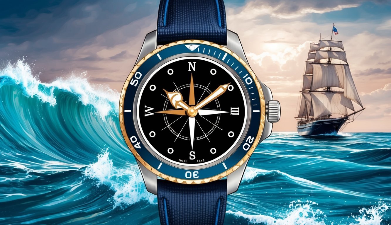 A nautical watch with a compass and anchor motif, set against a backdrop of ocean waves and a sailing ship on the horizon