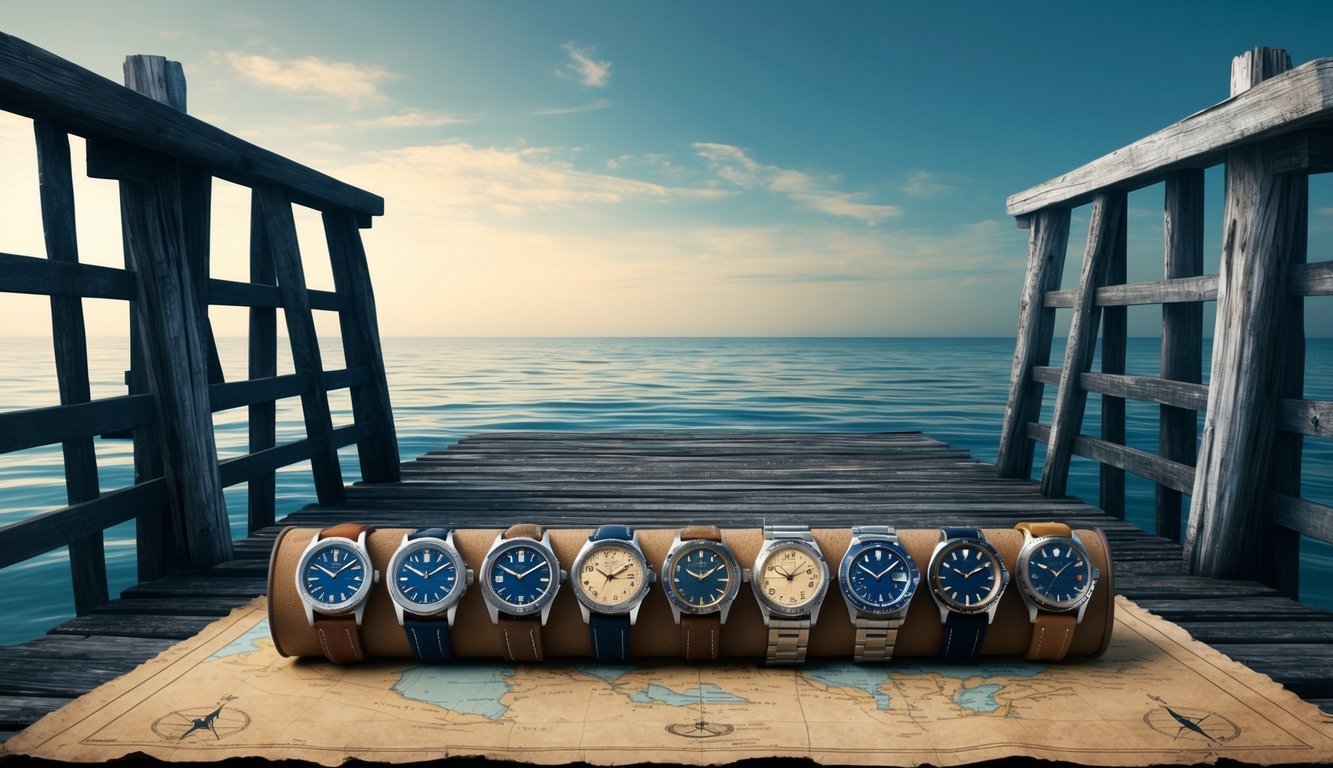 A rugged, weathered wooden dock with a backdrop of a serene ocean horizon, featuring a selection of nautical watches arranged neatly on a weathered map