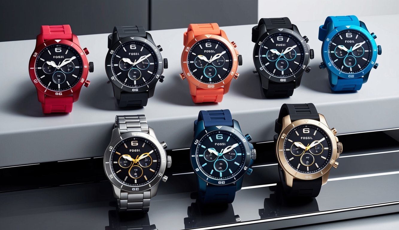 A colorful display of Fossil Gen 6 watches arranged on a sleek, modern surface, with each watch showcasing its unique design and features