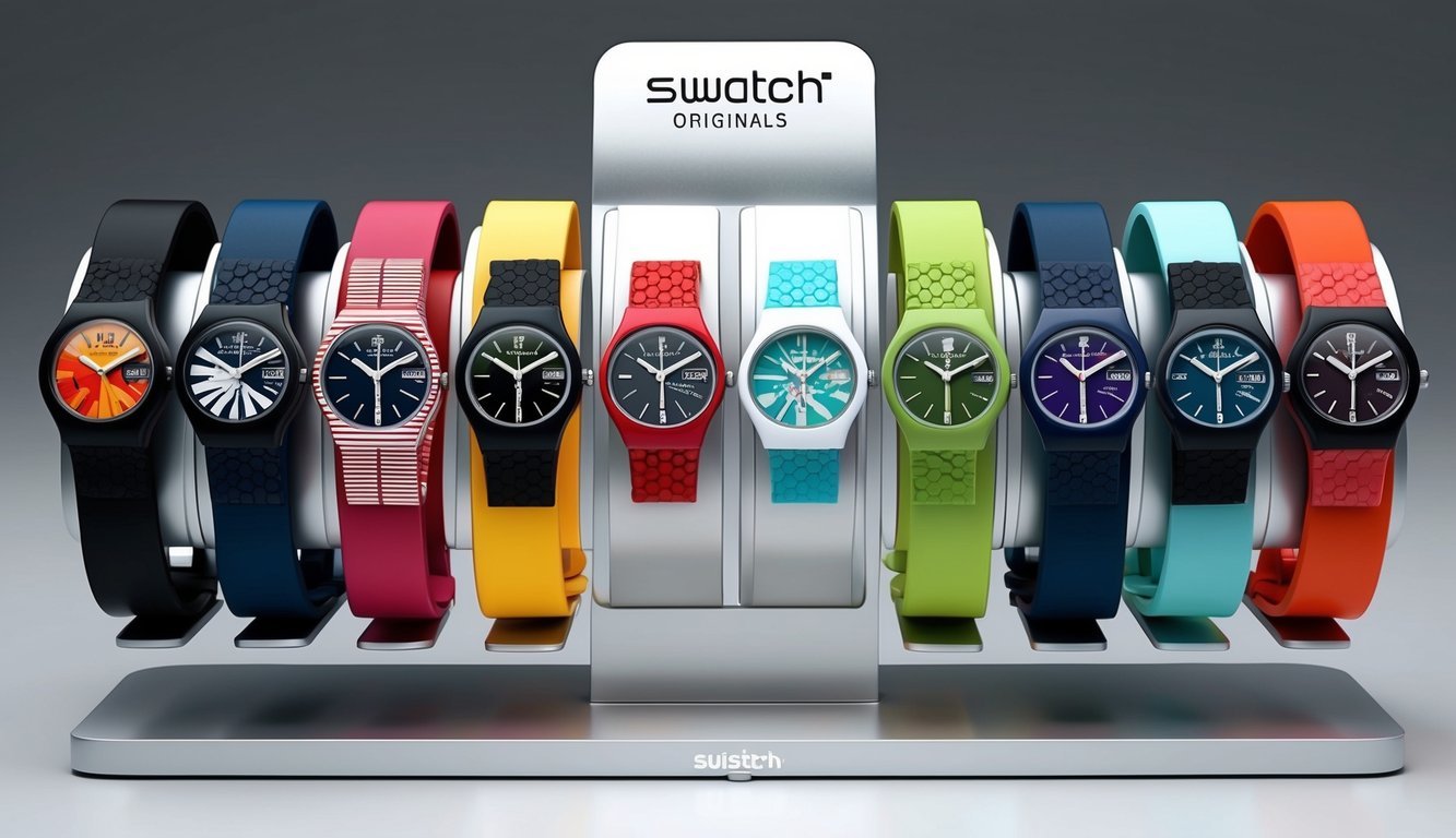 A colorful display of trendy Swatch Originals watches arranged on a sleek, modern display stand