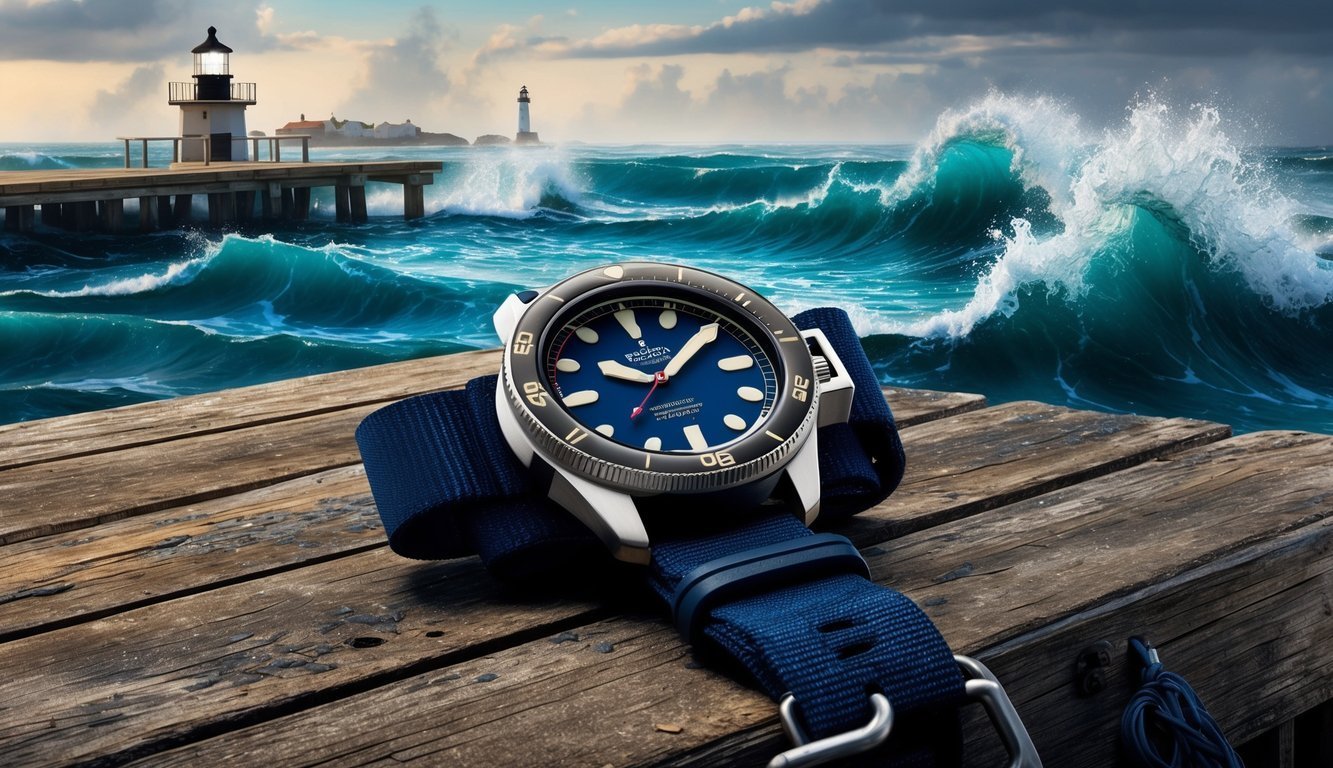 A blue watch on a wooden pier with ocean waves and lighthouses