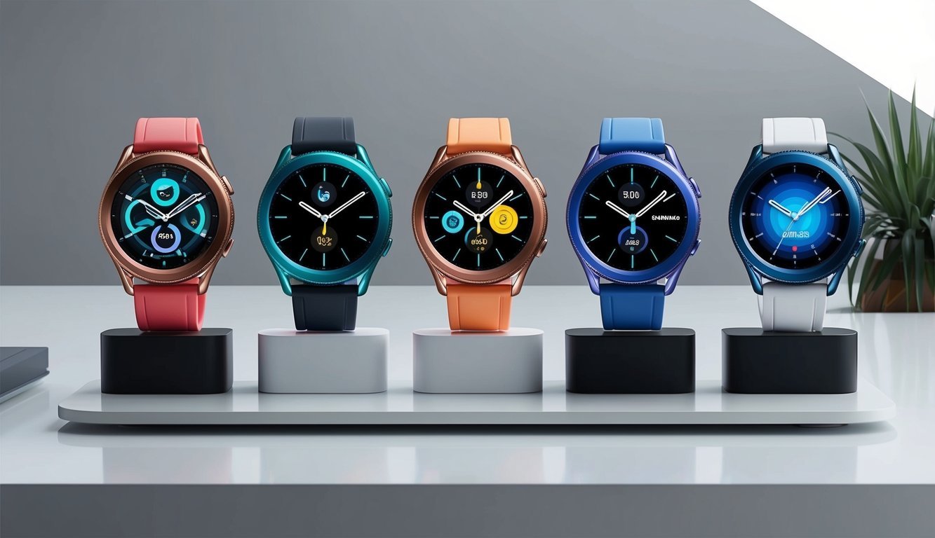 Five colorful Samsung Galaxy Watches displayed on a modern, minimalist tabletop