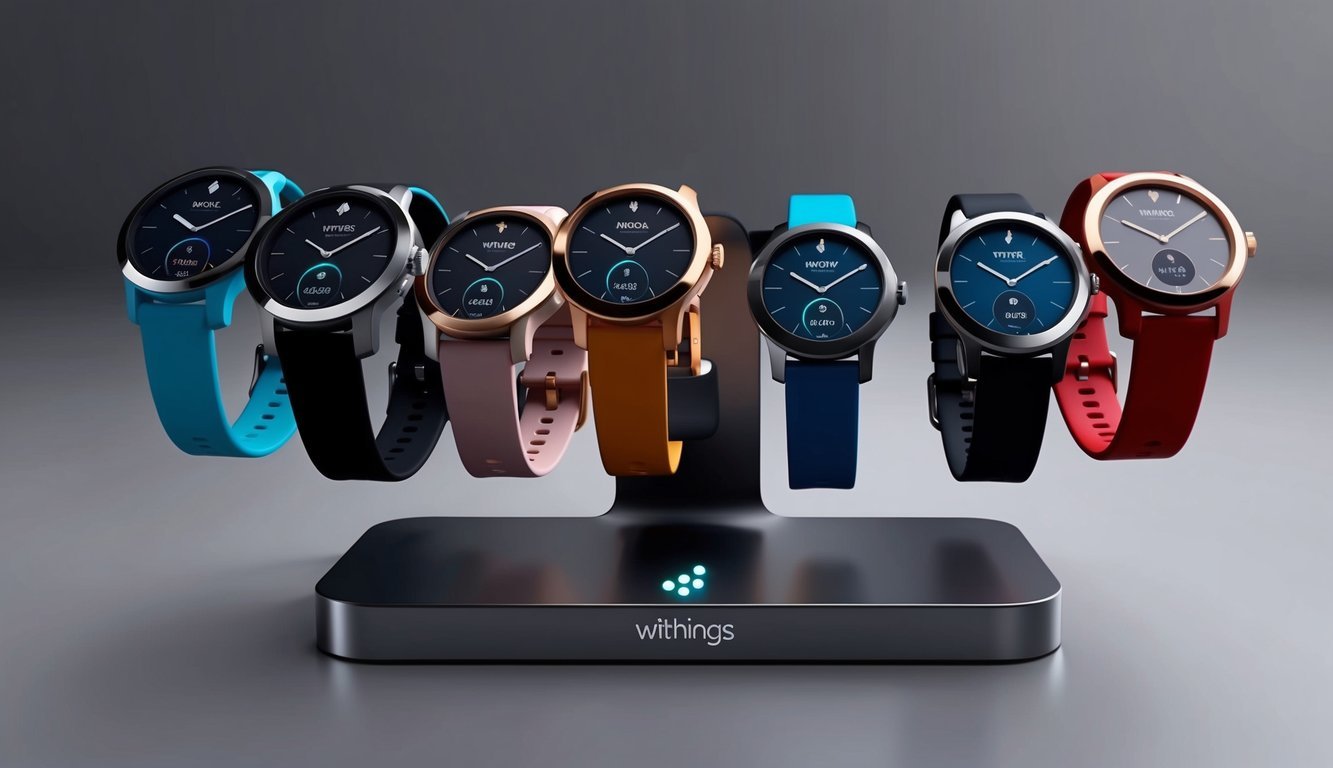 A colorful array of Withings Move watches arranged on a sleek, modern display stand