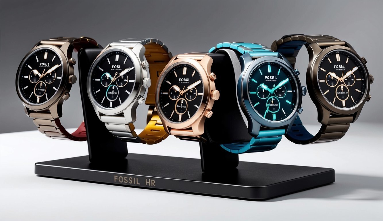A collection of Fossil Collider HR watches arranged on a sleek display stand, catching the light with their metallic and colorful straps
