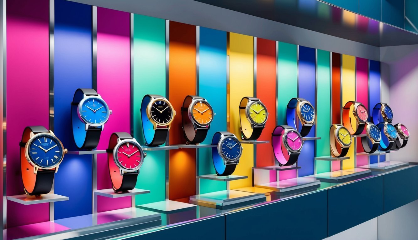 A colorful display of trendy watches arranged on a sleek, modern shelf.</p><p>Bright, eye-catching designs and various styles are showcased